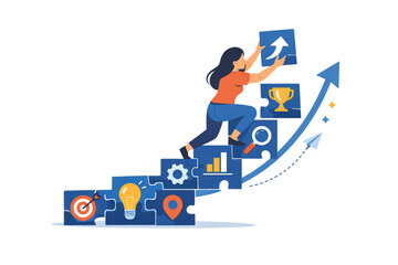 Woman assembling fragmented icons into an ascending staircase