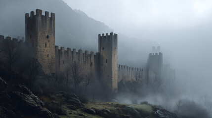 曇り空と霧に包まれた古城 / Castle Wall in Foggy Overcast Light