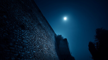 満月に照らされた夜の古城 / Medieval Castle Wall Under Full Moon
