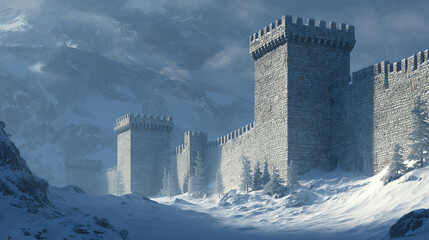 新雪が積もる冬の古城壁 / Medieval Castle Wall Covered in Fresh Snow