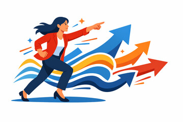 Woman leading forward moving arrows and wave symbols
