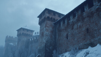 新雪が積もる冬の古城壁 / Medieval Castle Wall Covered in Fresh Snow