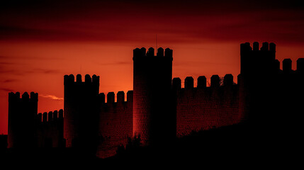赤い夕焼けに染まる古城のシルエット / Castle Wall Silhouette in Red Twilight