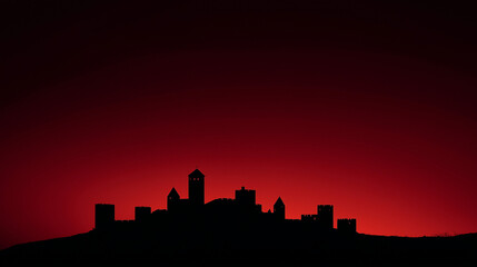 赤い夕焼けに染まる古城のシルエット / Castle Wall Silhouette in Red Twilight