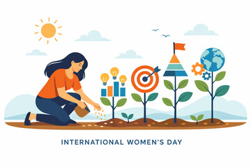 Woman planting idea seeds that grow into organized shapes