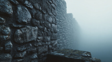 朝霧の中の青灰色の城壁 / Blue-Grey Castle Wall in Morning Mist