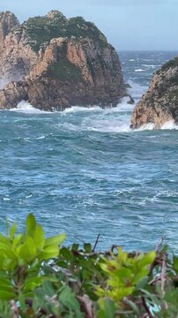 Vertical video. Medium shot of two islands and the channel between them in a stormy Mediterranean Sea. Evergreen shrubs in the foreground are buffeted by a gale. Slow motion 0.9x. Mallorca, Spain.