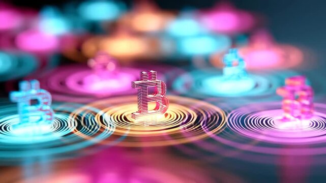 Cryptocurrency symbols with colorful neon lights and ripples on a dark background