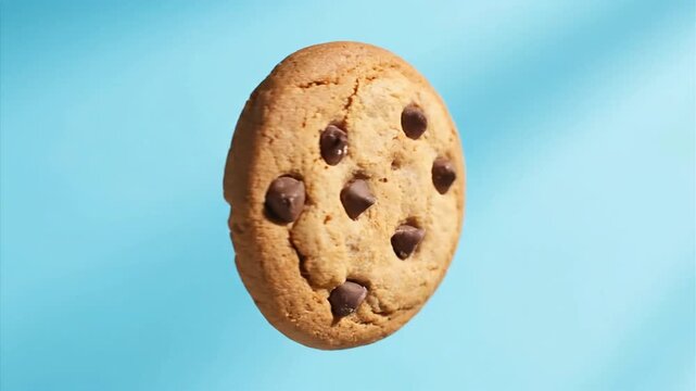 Freshly baked cookie with chocolate chips floating on light blue