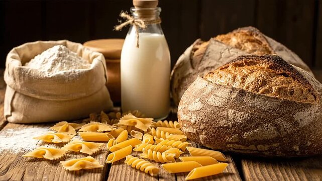 Freshly baked bread and ingredients on wooden table closeup