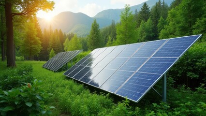 solar panels installed in green forest producing clean alternative energy sustainable power generation integrated with nature environment protection concept of renewable energy industry business