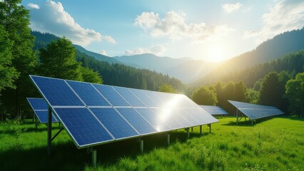 solar panels installed in green forest producing clean alternative energy sustainable power generation integrated with nature environment protection concept of renewable energy industry business