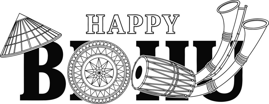 Happy Bohu Bihu festival vector illustration featuring traditional Assamese musical instruments and hat in black outline.