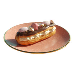 Decadent ?clair with chocolate and cream filling on a pink plate