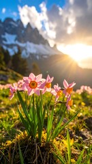 Obraz premium Alpine Meadow Blooms - A Symphony of Flowers and Mountains.