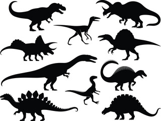 Collection of black dinosaur silhouettes on white background prehistoric ancient © Sumia Art