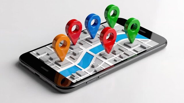 Multiple bright map markers pin dropping onto a digital urban city layout with a blue river on a mobile phone display with white space