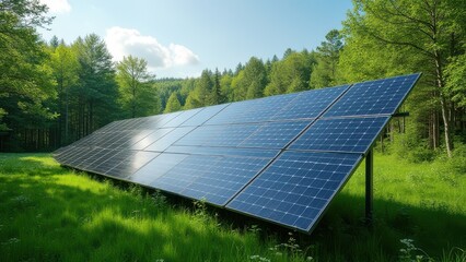 solar panels installed in green forest producing clean alternative energy sustainable power generation integrated with nature environment protection concept of renewable energy industry business