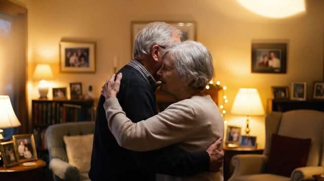 Senior couple slow dancing in living room with glowing bokeh lights. High quality 4k footage