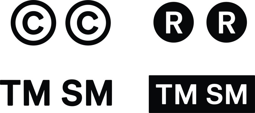 Copyright trademark registered symbols and letters on white background Keywords: copyright symbol, trademark symbol, registered
