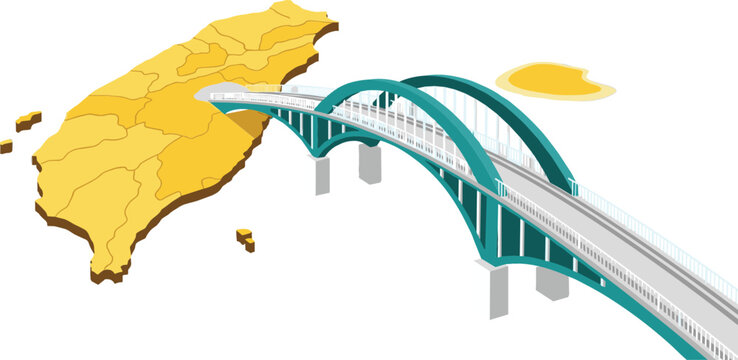 Isometric vector illustration of a modern teal arch bridge connecting to a yellow 3D map of Taiwan.