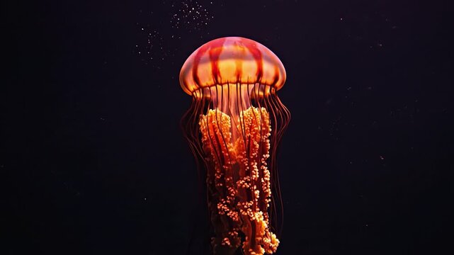 Glowing jellyfish orange jellyfish deep sea dark water underwater tentacle marine animal ocean life bioluminescent surreal luminous jellyfish aquatic wildlife mysterious creature vibrant colorful