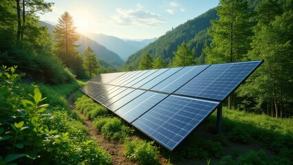 solar panels installed in green forest producing clean alternative energy sustainable power generation integrated with nature environment protection concept of renewable energy industry business