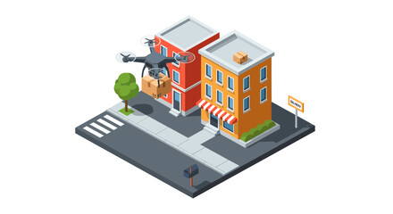 Obraz premium Isometric urban delivery scene with drone and buildings