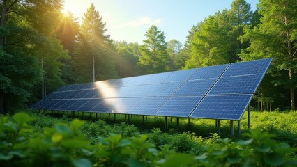 solar panels installed in green forest producing clean alternative energy sustainable power generation integrated with nature environment protection concept of renewable energy industry business