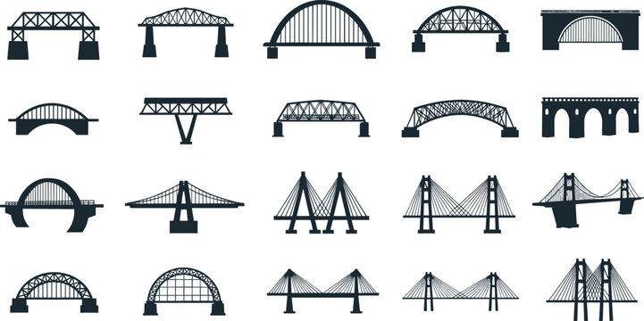 Large collection of diverse bridge silhouettes including suspension arch truss and cable-stayed bridge icons for engineering designs.