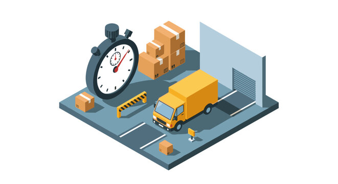 Isometric delivery concept with stopwatch and cargo boxes