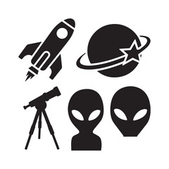 Alien and Space Silhouette Icons Set Featuring UFO Planet Telescope Comet Characters.