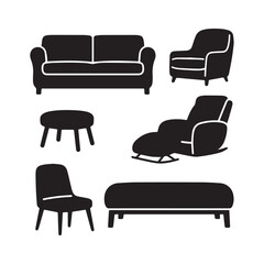 Furniture Silhouette Set Featuring Armchair Sofa Rocking Chair Bench and Wooden Chair Collection.
