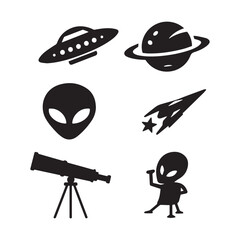 Alien and Space Silhouette Icons Set Featuring UFO Planet Telescope Comet Characters.