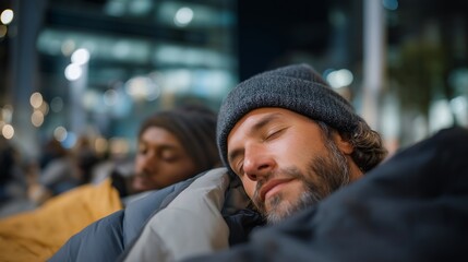 Obraz premium An urban shelter designed for homeless individuals, featuring rows of simple yet functional beds, highlighting the importance of community support and social justice themes in stock images.