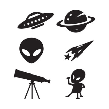 Alien and Space Silhouette Icons Set Featuring UFO Planet Telescope Comet Characters.