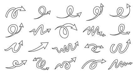 Fototapeta premium Collection of hand drawn arrow doodles with curves and swirls for creative designs