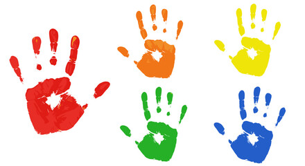 Colorful painted handprints in rainbow shades on white background