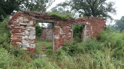 Ruined brick structure with open doorways, overgrown with foliage. Stone base and remnants of a roof amidst tall grass and trees under overcast skies