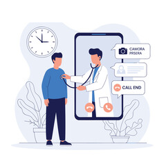 Online Medical Consultation with a Doctor Examining Patient Remotely Through Smartphone Application, Telehealth Service Concept
