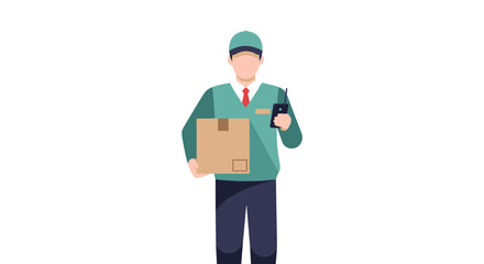 Delivery service worker holding package and phone in modern flat style