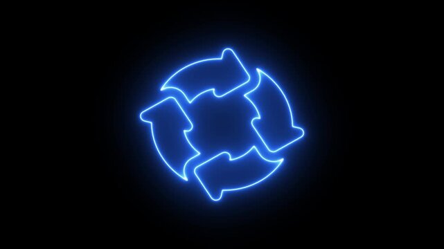 Neon blue four arrow circular recycle icon, glowing rotation and sustainable system symbol for tech.