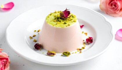 Elegant Rose Panna Cotta Dessert with Pistachios and Rose Petals.