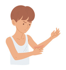 Boy scratching skin rash on elbow dermatitis concept