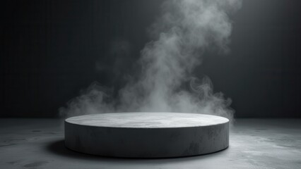 gray textured concrete platform podium or table with smoke in dark studio scene dramatic minimal industrial background for product display concept of advertising design branding business
