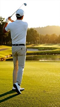 Golfer swinging club on green field during sunlight
