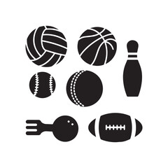 Sports Equipment Silhouettes Set Featuring Balls Wickets Bowling Pin Stumps and Protective.