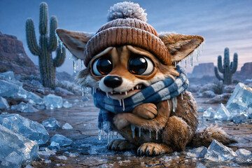 Frozen Winter Coyote Character with Big Eyes in the Desert. Cold in Warm Places Conceot