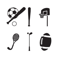 Sports Equipment Silhouettes Set Featuring Soccer Baseball Tennis Basketball Football Golf Icons.