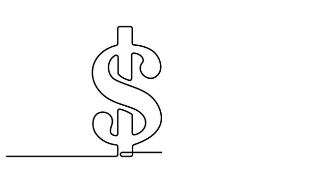 Dollar sign icon one line drawing and isolated continuous outline vector illustration. Dollar Tattoo with dollar sign, Full length 4k animation video.